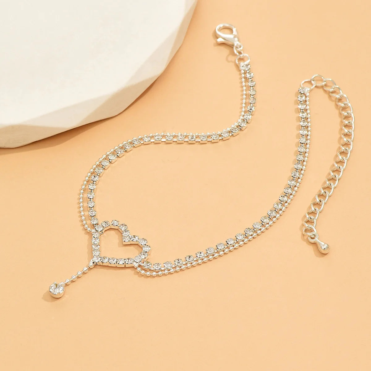 Shiny Bling Heart Drop Tassel Charm Double Layer Anklet Women Beach Foot Chain Vacatio close-up view