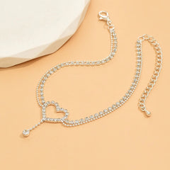 Shiny Bling Heart Drop Tassel Charm Double Layer Anklet Women Beach Foot Chain Vacatio close-up view