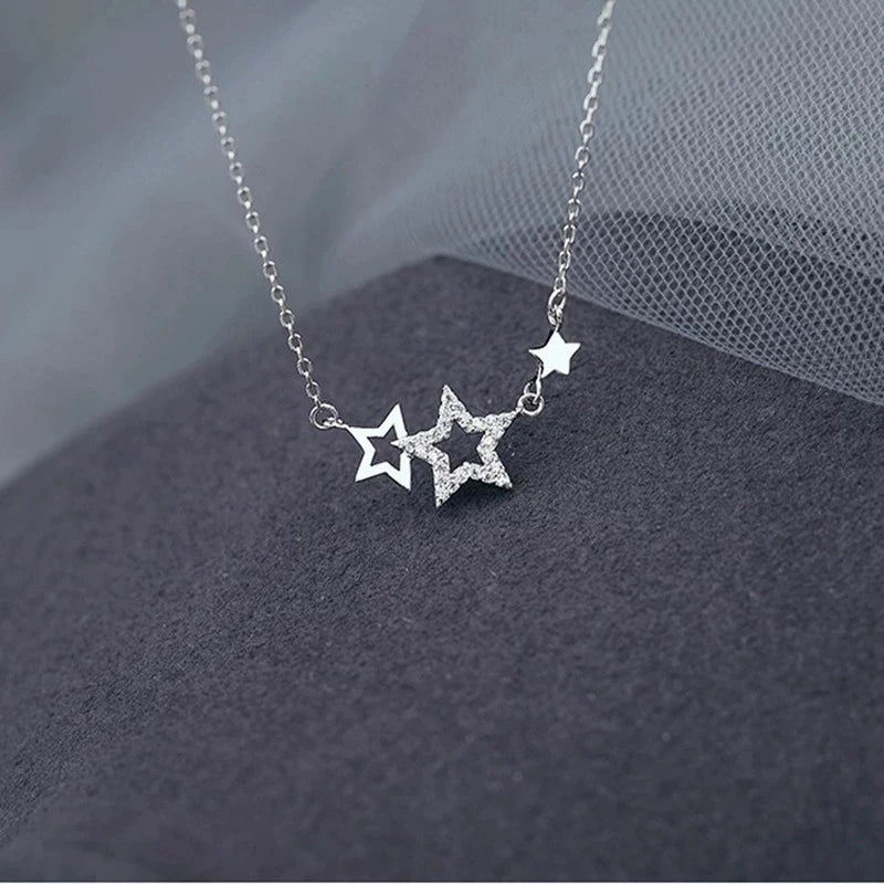 925 Silver Star Necklace for Women | Sweet Cute Zircon Pendant Choker close-up view