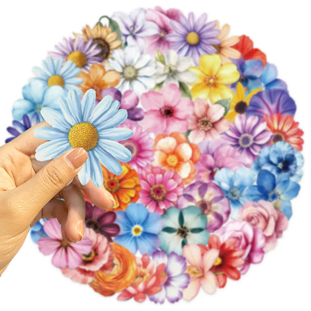 50Pcs Transparent Cartoon Floral Stickers | Waterproof PET Decor for Journals, Guitars, detail view