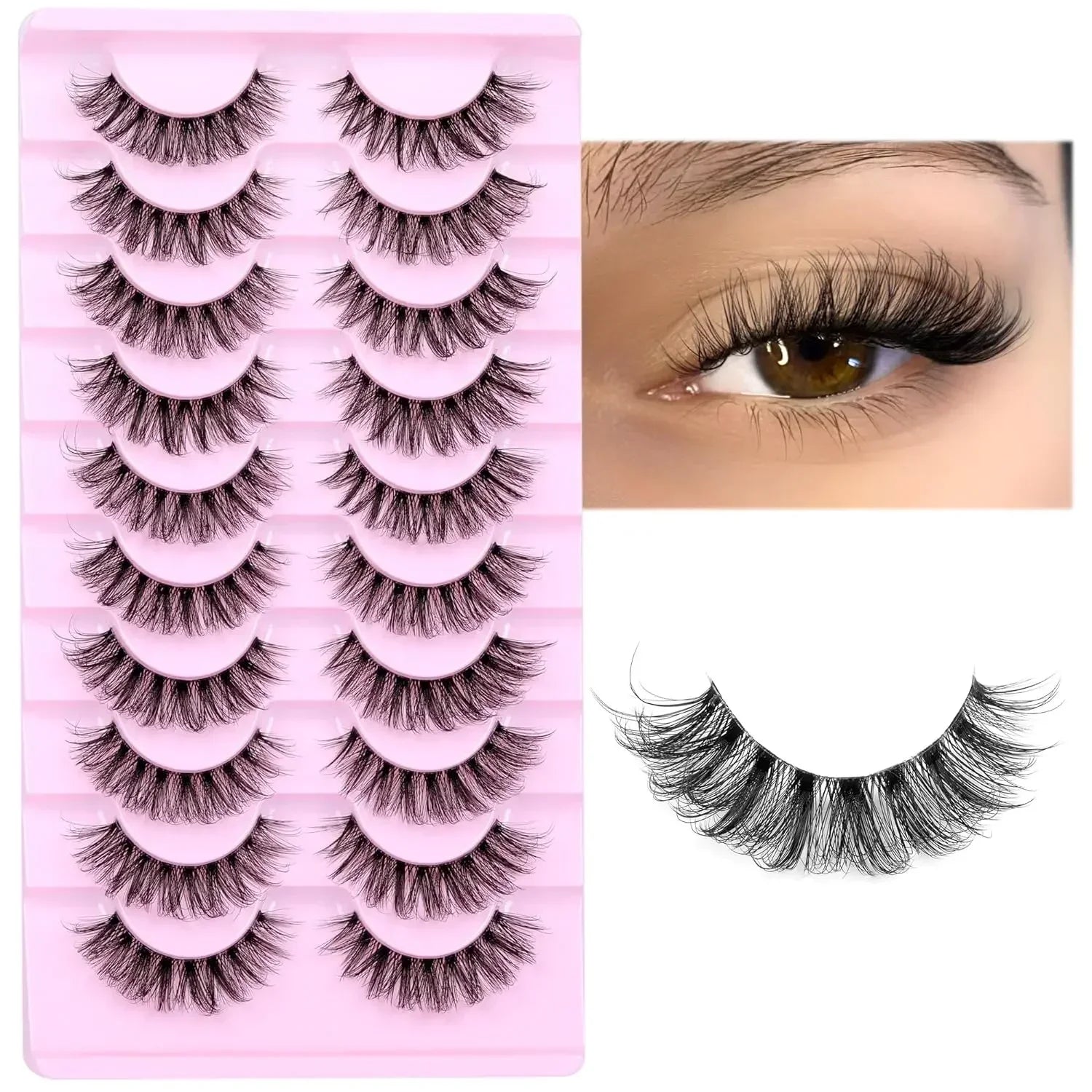10 Pairs Natural Fluffy False Eyelashes | Wispy 3D Volume Strip Lashes with Clear Band detail view