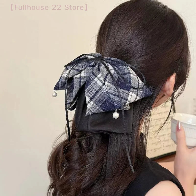 【MAX-22】Vintage Plaid Butterfly Knot Hair Clip Women's Back Of Head Bun Shark Hair Clip Hair Accessories