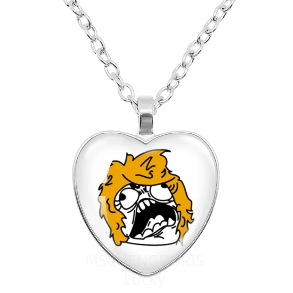 Rage Comic Necklace Derp Face Trollface Funny Meme Cartoon Glass Heart Shape Pendant C close-up view