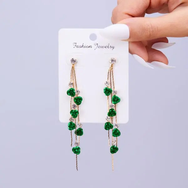 Red Rose Drop Earrings Zinc Alloy Vintage Rhinestone Flowers
