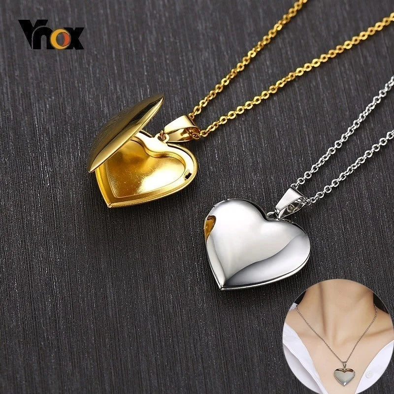 Vnox Light Heart Locket Pendants for Women Men Openable Photo Frame Glossy Stainless Steel Necklaces