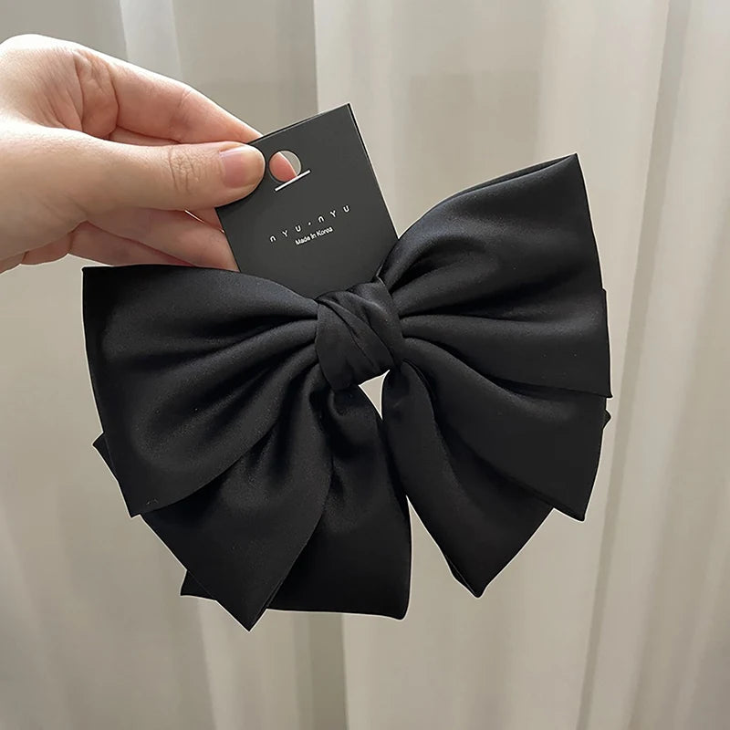(BBQ4)Elegant Bow Ribbon Hair Clip Fashion Simple Solid Satin Spring Clip Hair Pin Retro Headband With Clip Girl Hair Accessory