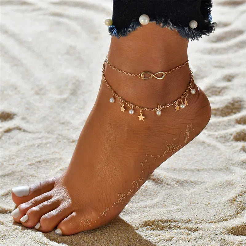 Modyle New Fashion Bohemian Simulated Pearl Chain Wedding Anklet Bracelet for Women G alternate view