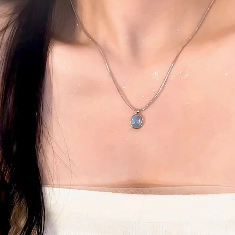 Oval Aquamarine Pendant Necklace | Snake Chain Jewelry for Women detail view