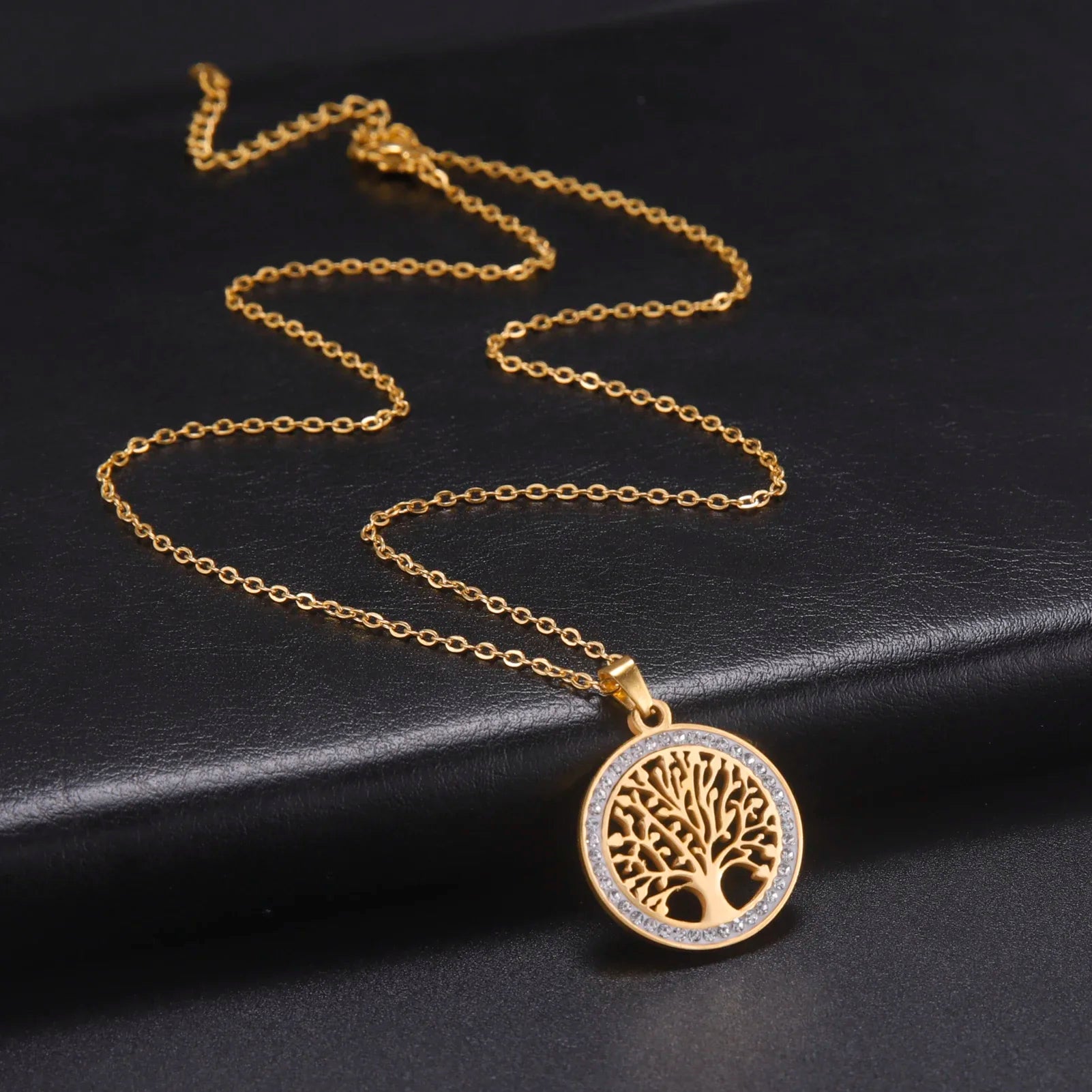 Skyrim Tree of Life Necklace for Women Stainless Steel Gold Color Clear Zircon Roun additional angle