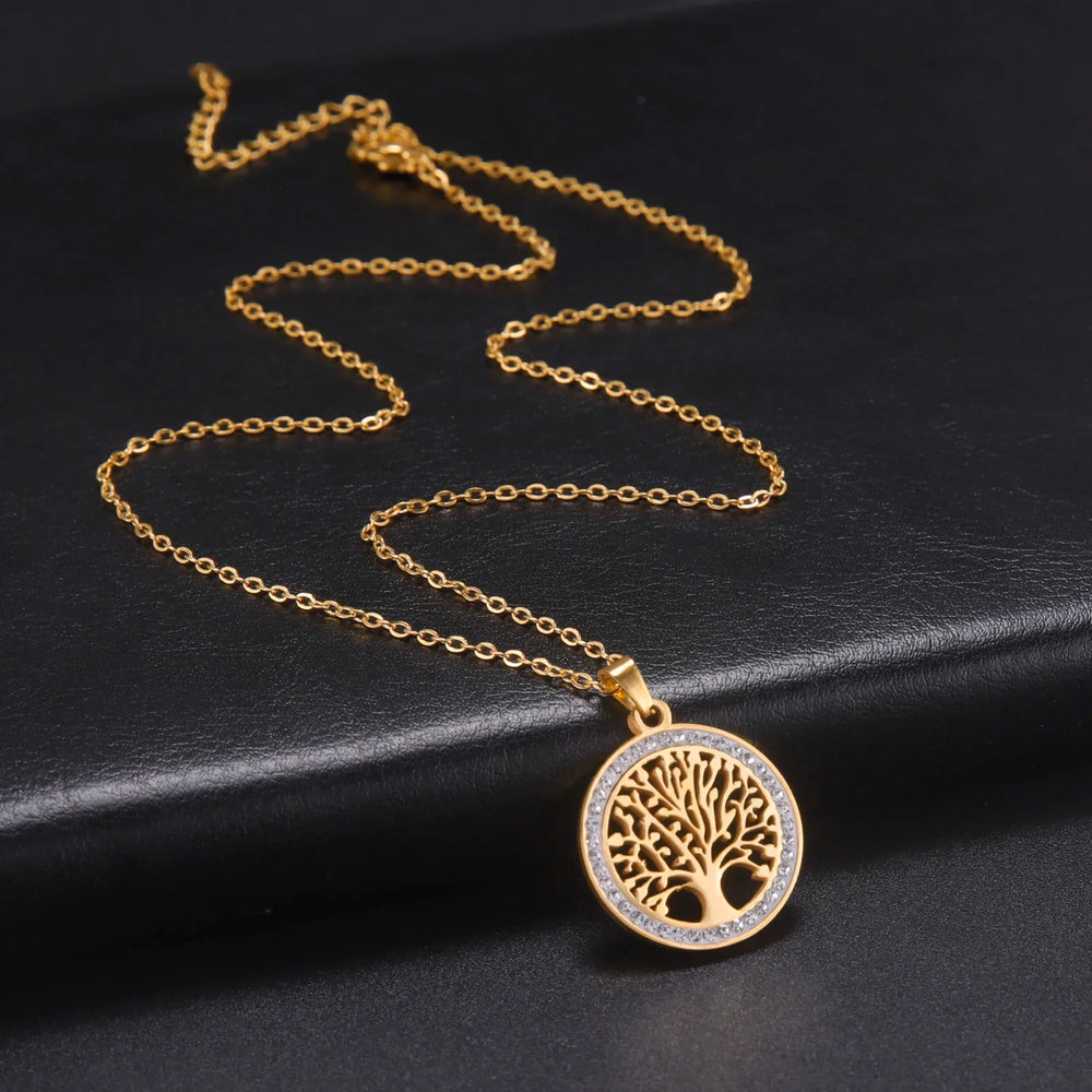 Skyrim Tree of Life Necklace for Women Stainless Steel Gold Color Clear Zircon Roun additional angle