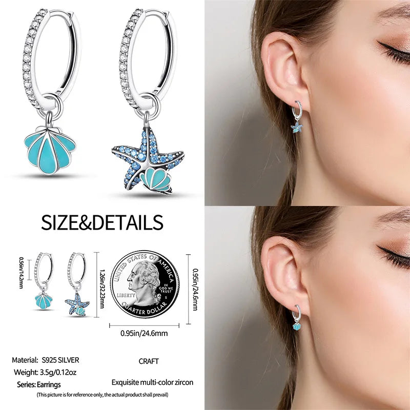 Luminous Shell Women Earrings Original 925 Sterling Silver Pave CZ Star Moon Hoop Earr close-up view
