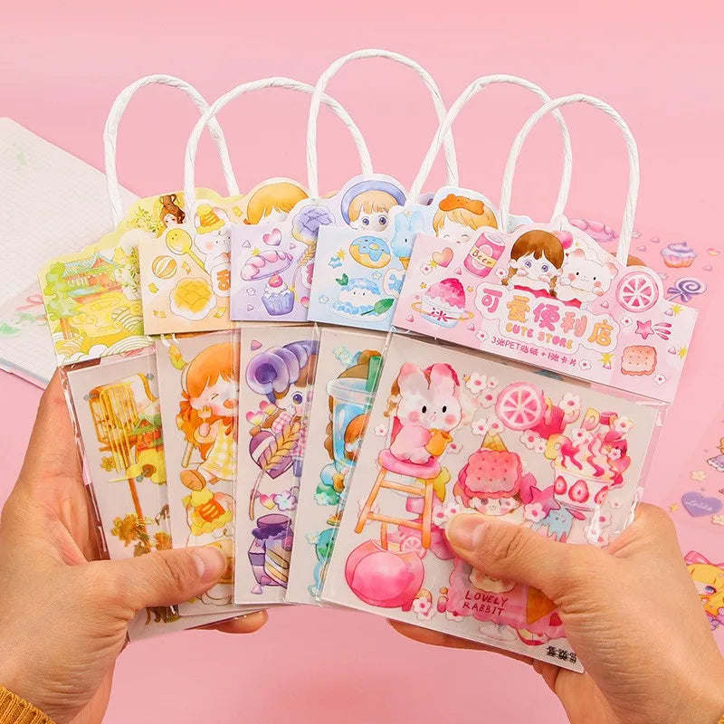 4-Piece Pink PET Sticker Pack | Kawaii Decorative Scrapbooking Set close-up view