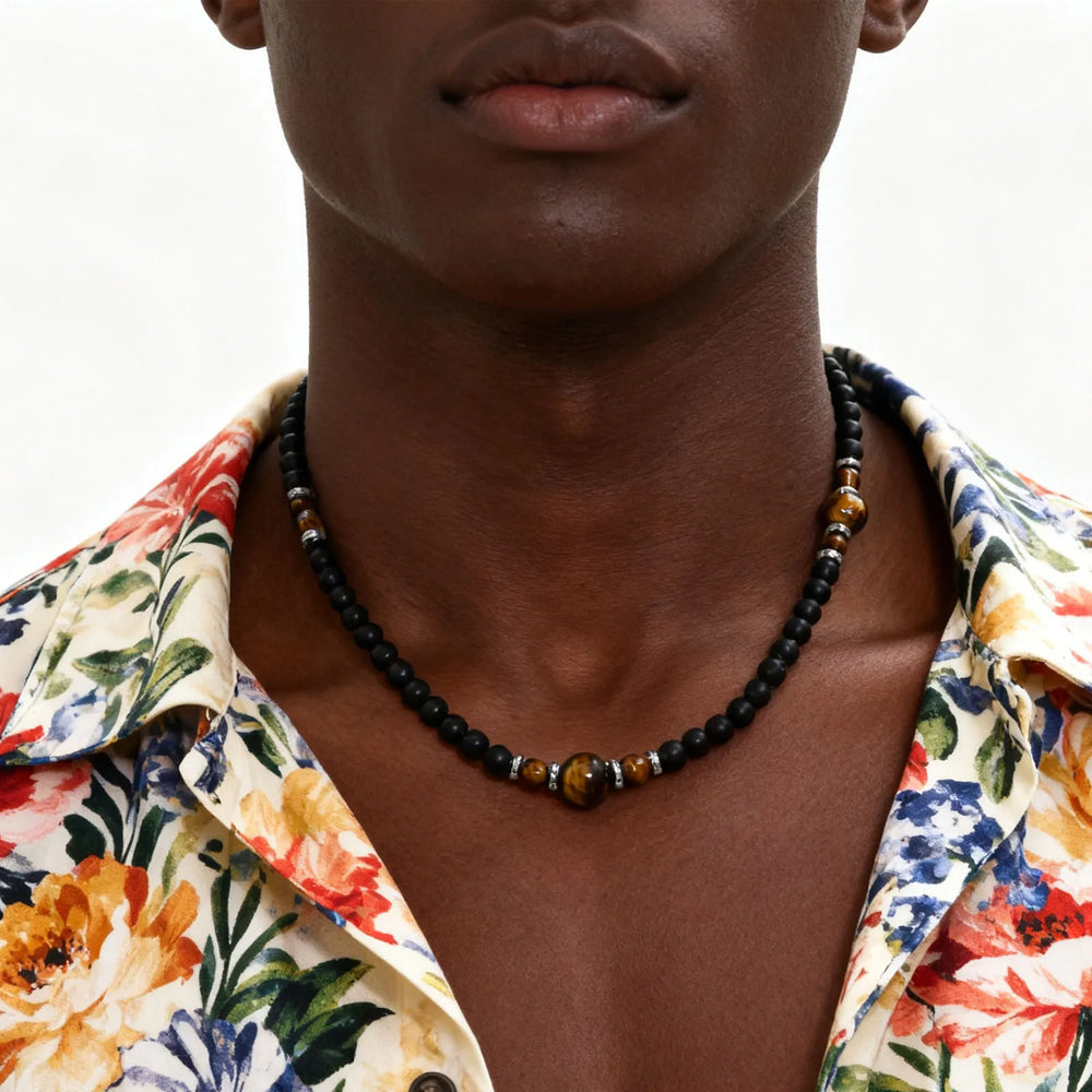 Casual Black Brown Beaded Necklace for Men | Summer Beach Tiger Eye Stone Jewelry alternate view