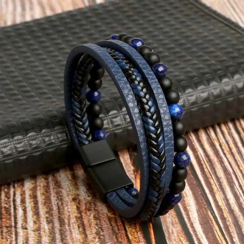 Classic Men's Leather Bracelet New Style Hand-woven Multi-layer Combination Accessory close-up view