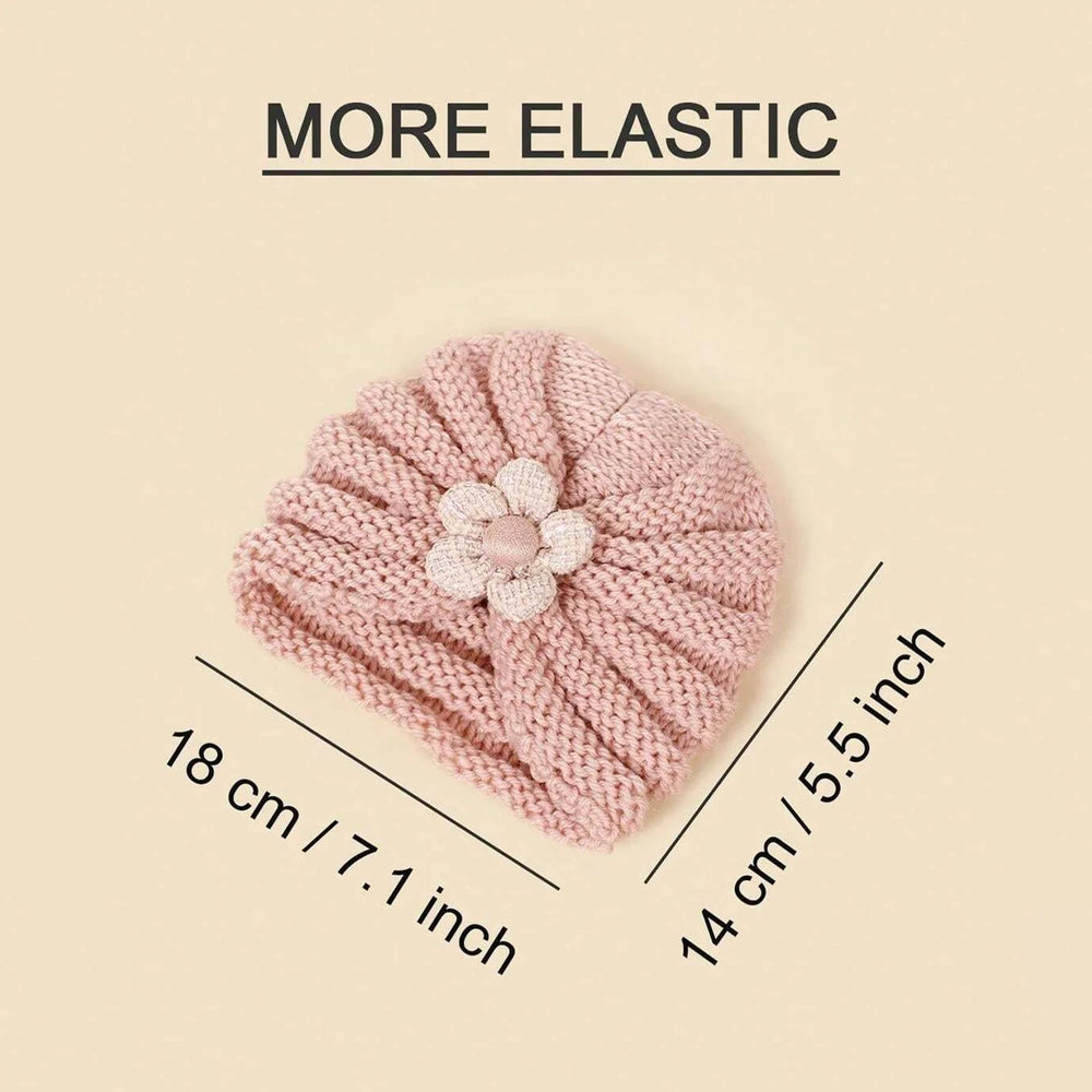 Baby Crochet Turban Hat with Flower Decor | Winter Warm Knit Headwrap for Infant Girls detail view