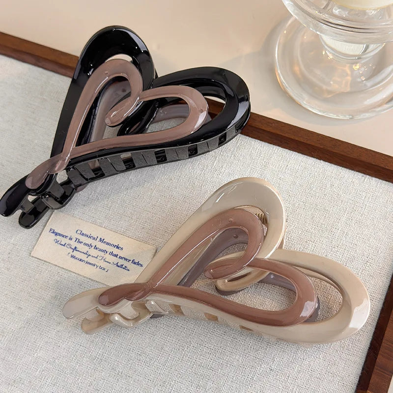Autumn-Winter Latte Gradient Double-Layer Heart-Shaped Hair Clip Unique Instagram-Style Asymmetrical Back Hair Clip