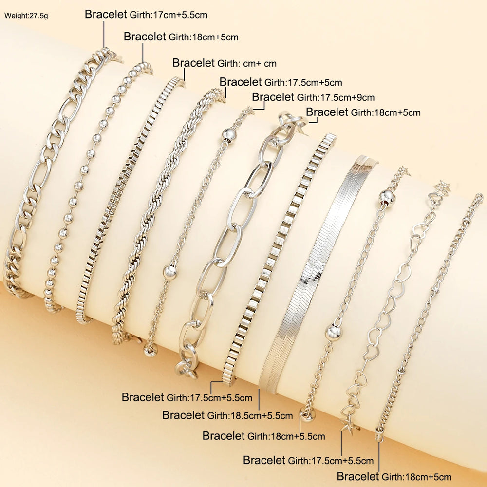 11Pcs/Set Boho Twisted Flat Snake Chain Anklet for Women Summer Beach Vintage Baref additional angle