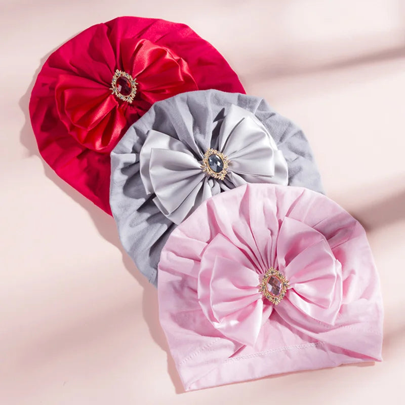 Solid Color Baby Turban Bow Beanie with Rhinestone | Handmade Infant Cap for Girls 0- lifestyle view