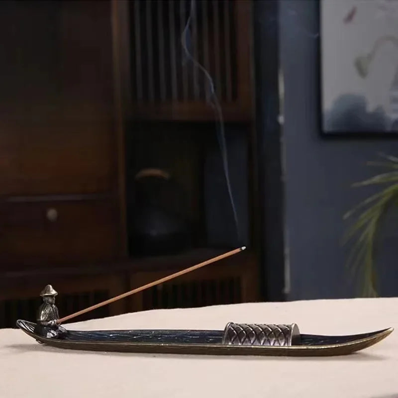 Japanese Style Incense Stick Holder Boat | Old Man Fisherman Metal Incense Burner close-up view