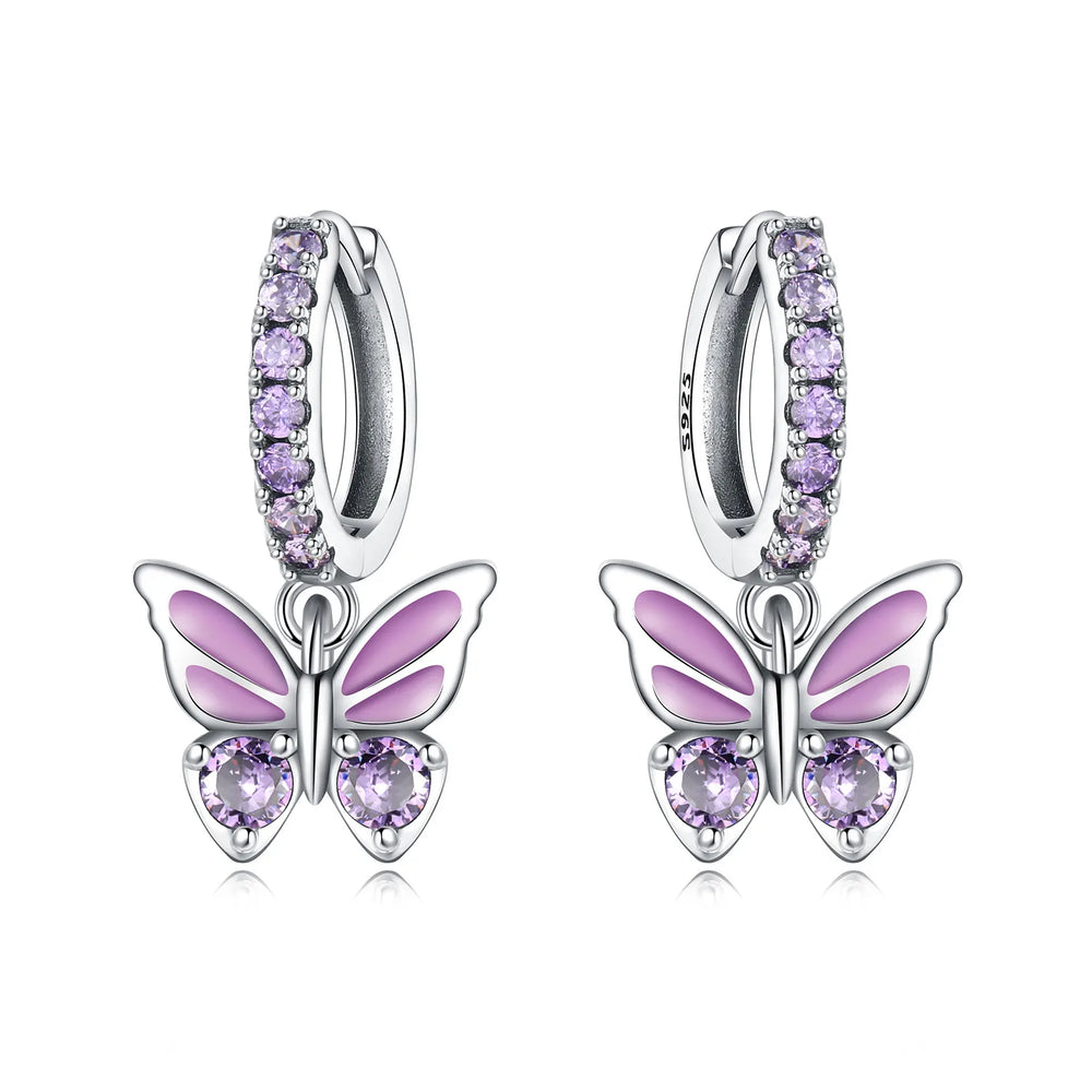 PANPOKI Original 925 Sterling Silver Double Butterfly Insect Earrings Women Hoop Earr lifestyle view