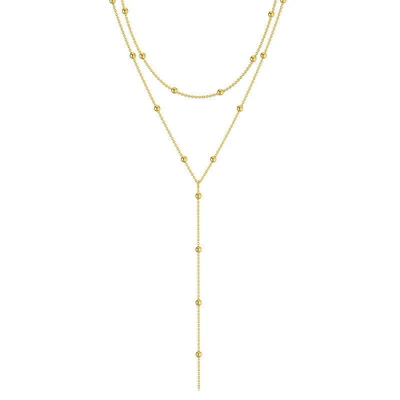 Yupsk Sliver Gold Color Double Layered Long Tassel Chain Necklaces for Women Simple Metal Bead Choker Necklace Fashion Jewelry