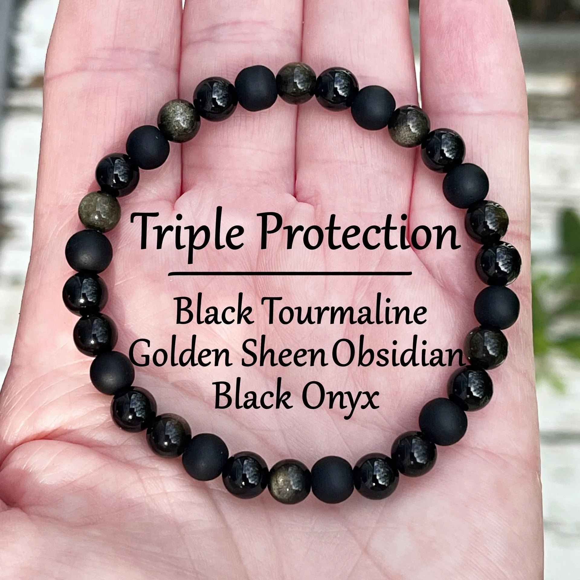Triple Protection Bracelet | Black Natural Stone with Golden Obsidian