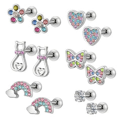 EVISPOL 2-12pcs 316L Stainless Steel Screw Back Stud Earrings Butterfly Heart Flower Cartilage Dath