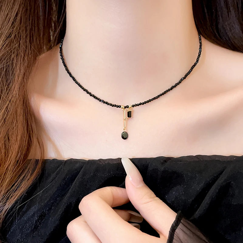 Black Crystal Bead Tassel Necklace | Trendy Collarbone Chain close-up view