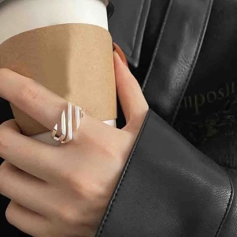 PANJBJ 925 Sterling Silve Multilayer Irregular Geometric Ring for Women Simple Charm alternate view