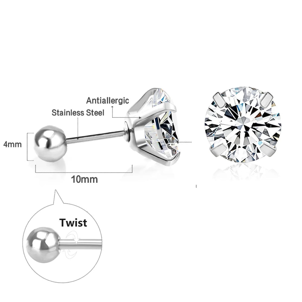 Surgical Steel Cubic Zirconia Stud Earrings | Unisex Screw-Back Earrings detail view