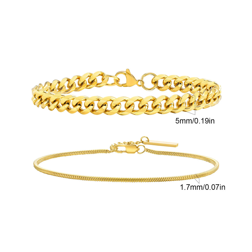 Men's Stainless Steel Chain Bracelets Set | 2pcs Silver Gold Black Twist Rope & Cuban close-up view