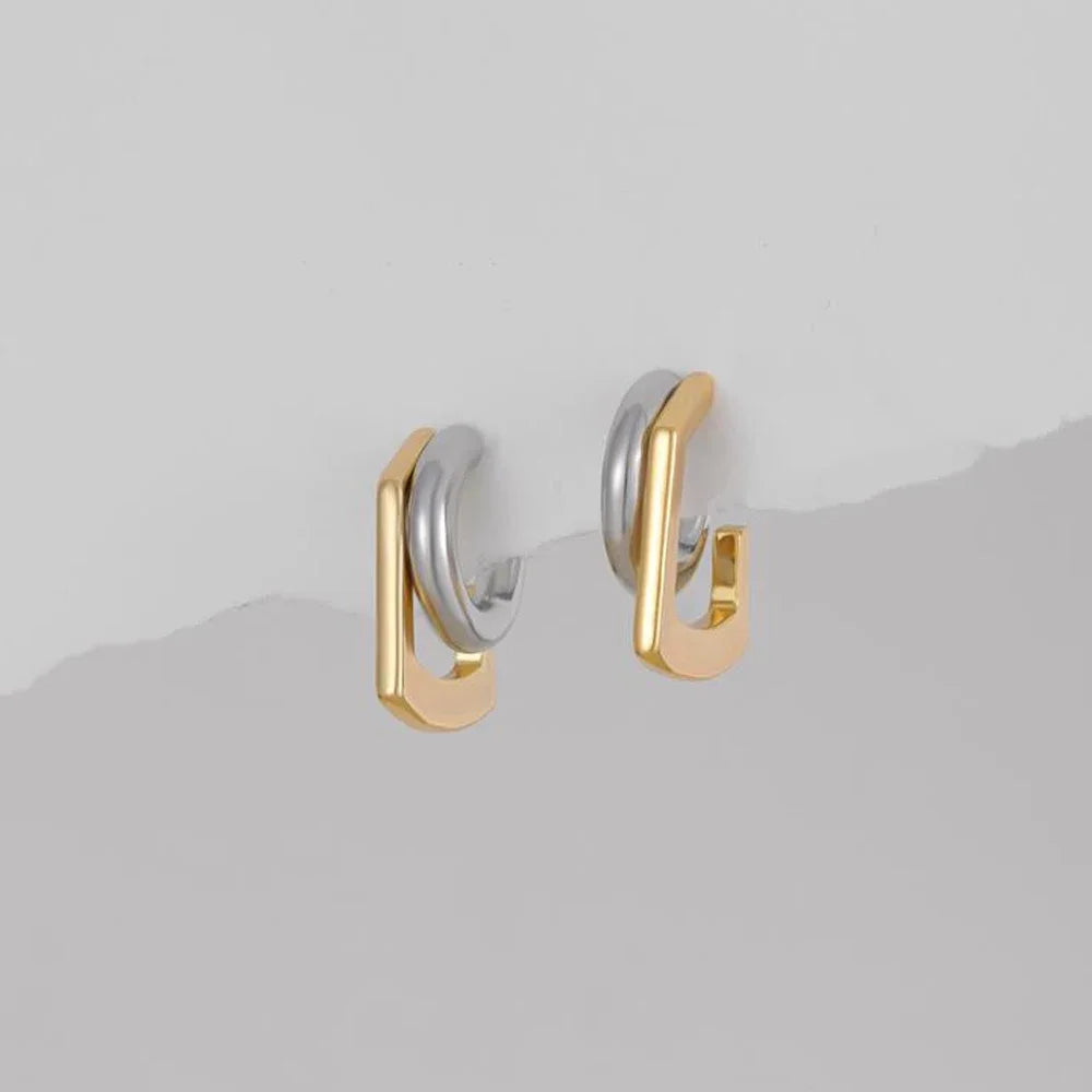 C Shape Hoop Earrings Gold Silver Mix | Trendy Women's Huggie Earrings lifestyle view