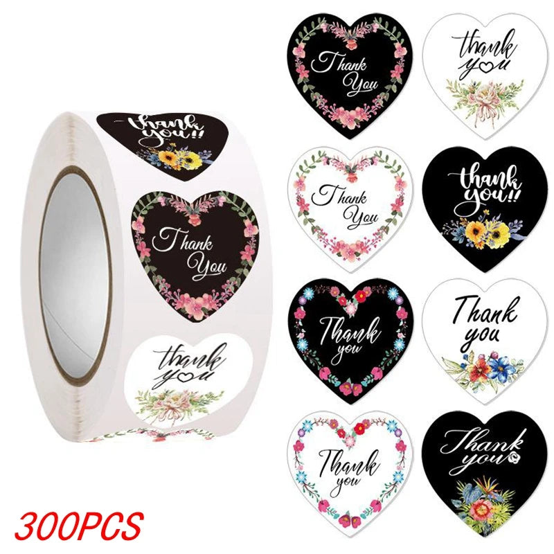 Heart Thank You Stickers | Floral Decorative Sealing Stickers for Wedding Gift Packagi close-up view