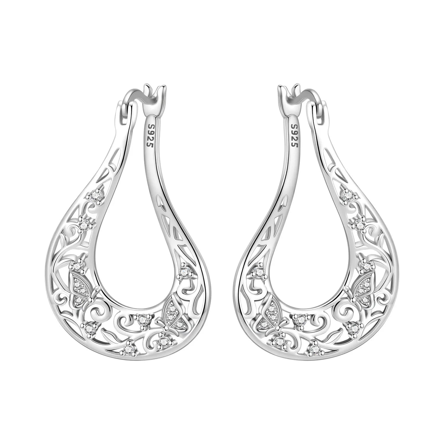 PANPOKI Original 925 Sterling Silver Double Butterfly Insect Earrings Women Hoop Earri close-up view