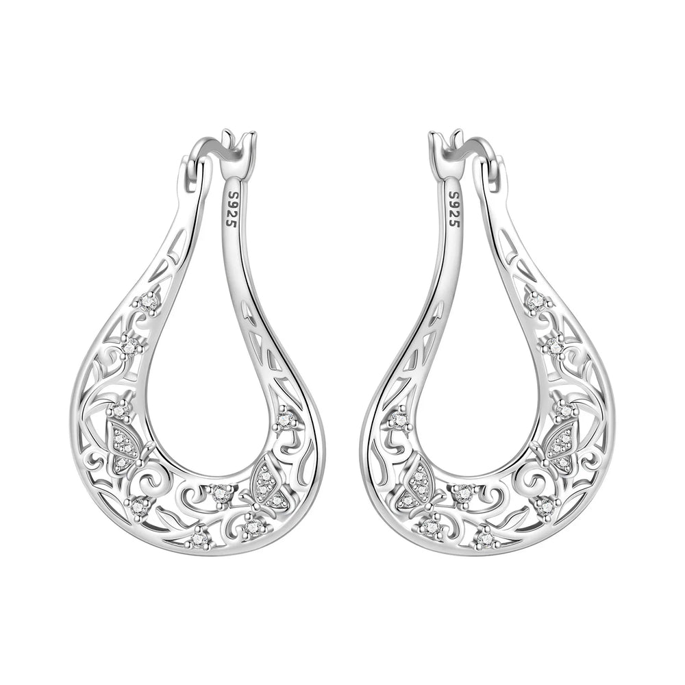 PANPOKI Original 925 Sterling Silver Double Butterfly Insect Earrings Women Hoop Earri close-up view