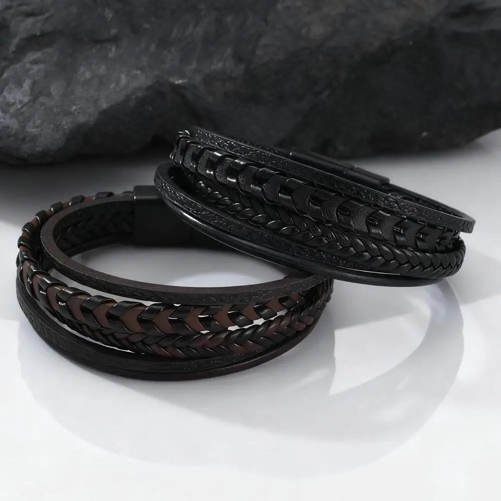 Multi Layer Braided Rope Bracelet for Men | Classic Handmade PU Leather Wristband wit lifestyle view