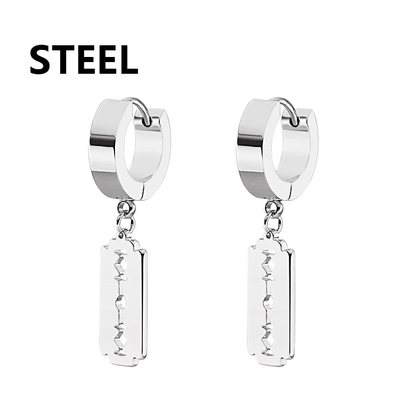 Vintage Razor Hollow Drop Earrings | Stainless Steel Punk Dangle Earrings for Men and alternate view