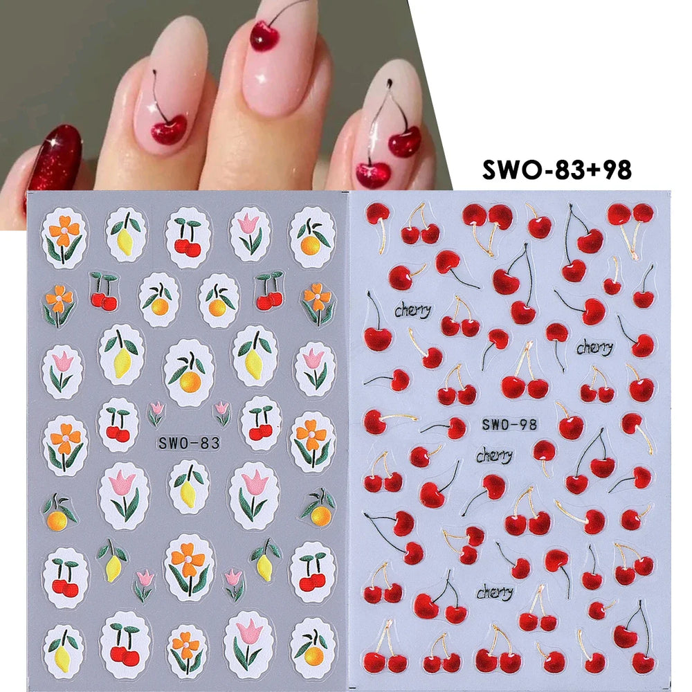2pcs Sweet Element Nail Art Stickers Simple Flower Heart Cherry Strawberry Kawaii Decals detail view