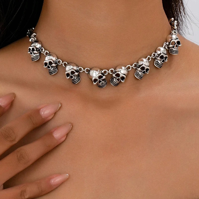 Gothic Skull Choker Necklace | Multiple Skull Connected Gothic Jewelry for Women