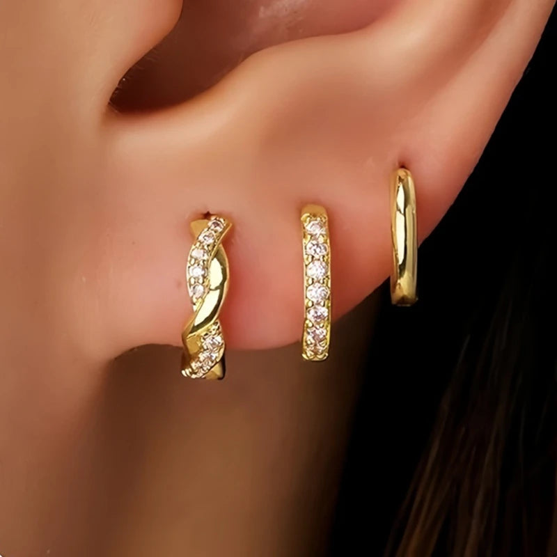 Gold Circle Hoop Earrings Set | Stainless Steel Zircon Flower Stud Jewelry alternate view