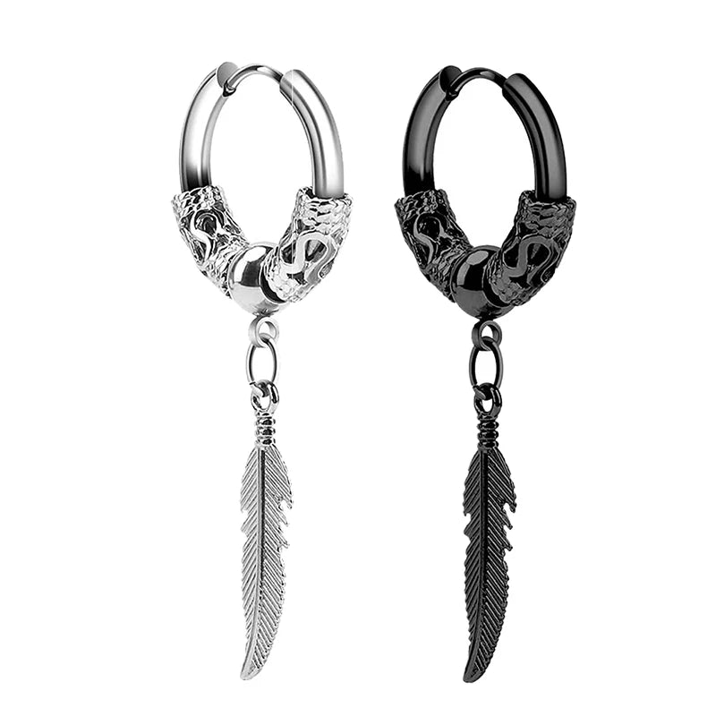 2Pcs Fashion Stainless Steel Feather Leaf Coil Earrings Punk Rock Hoop Stud Earring additional angle