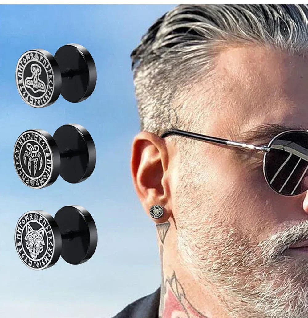 Gothic Norse Viking Runes Stud Earrings for Men Boys,Rock Punk Stainless Steel Valknu alternate view