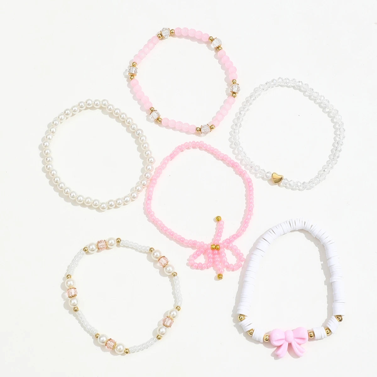 6 Pcs Pearl Beaded Bow Bracelets Set for Women