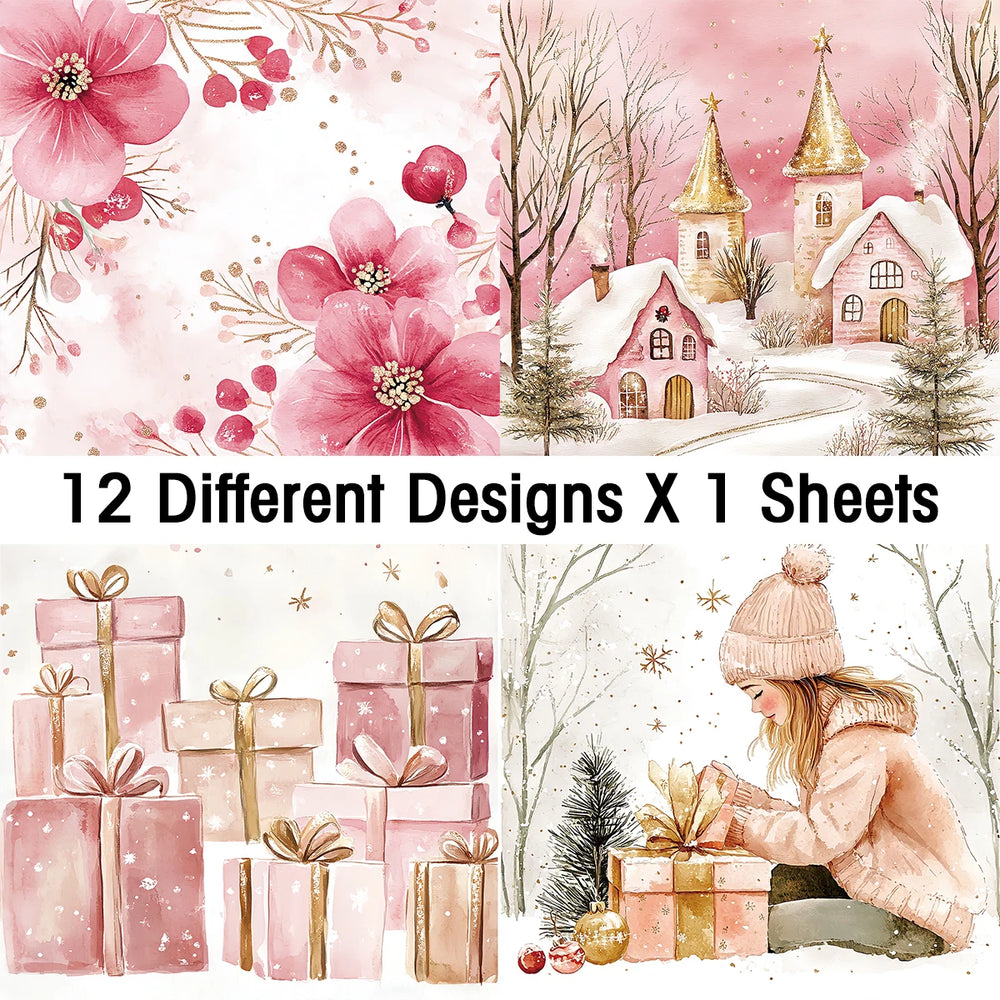 Pink Christmas Scrapbook Paper Pad | 12 Sheets Decorative Craft Papers detail view