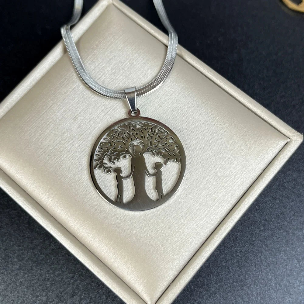 Tree of Life Pendant Necklace | Stainless Steel Family Tree Jewelry for Men and Women close-up view