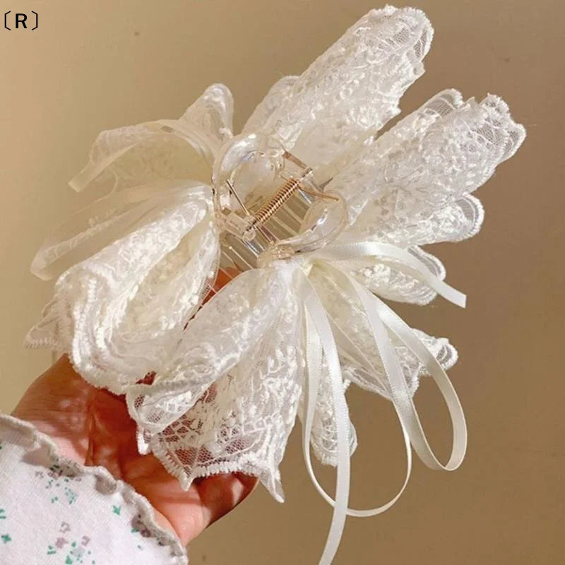 〔R〕Elegant White Ribbon Bow Hair Claws Fashion Fabric Hair Clip Crab For Girl Gift Hair Accessories Valentine Headwear
