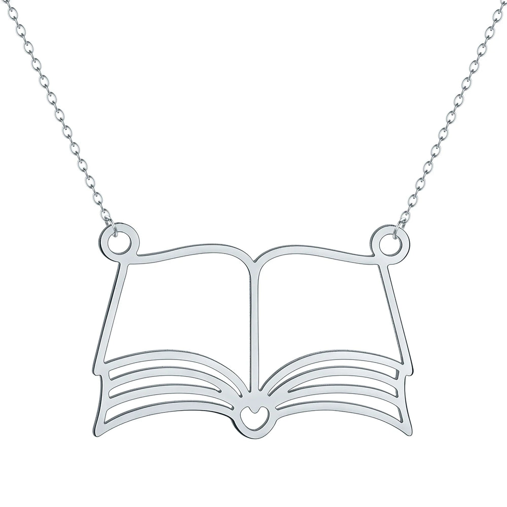 Kinitial Reading Lover Books Pendant Necklace For Women Stainless Steel Bookworm Student detail view