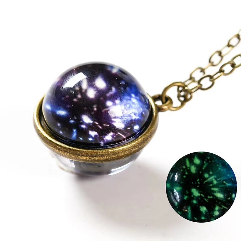 Universe Planet Earth Glass Luminous Double-Sided Retro Pendant Necklace For Women Me alternate view