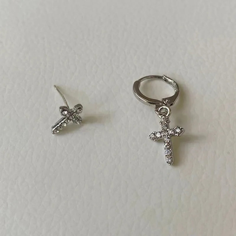 Korean Sliver Color Zircon Cross-Shape Drop Earrings | Punk Hip Hop Crystal Pendant additional angle