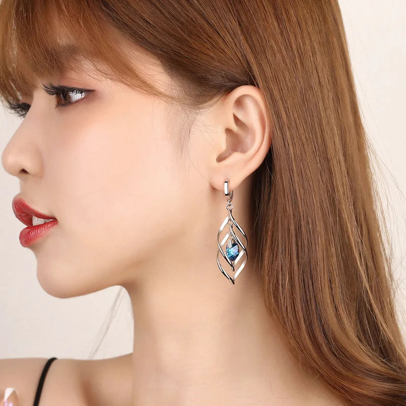 925 Silver Blue Crystal Drop Earrings | Hollow Long Dangle Earrings for Women lifestyle view